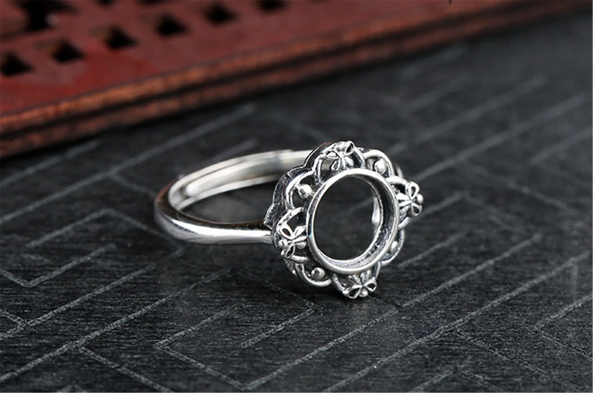 Ring Blank (8x8mm Round Blank) Adjustable Thai Sterling Silver Ring Base Antique Style Round Cabochon Ring Setting R1243B