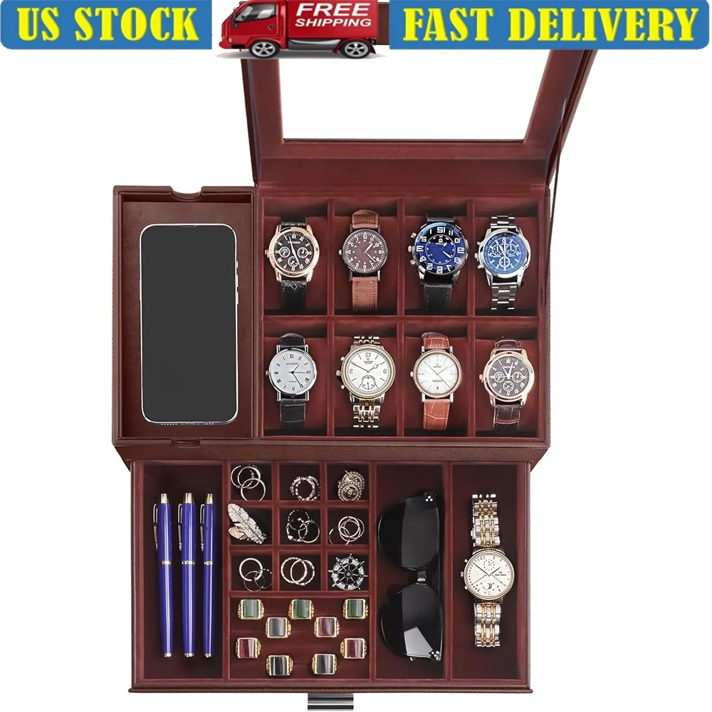 

Watch Box Organizer with Glass Lid 8 Slot Waterproof Watch Storage Case Multifunctional Accessories Holder Display Men and Boys
