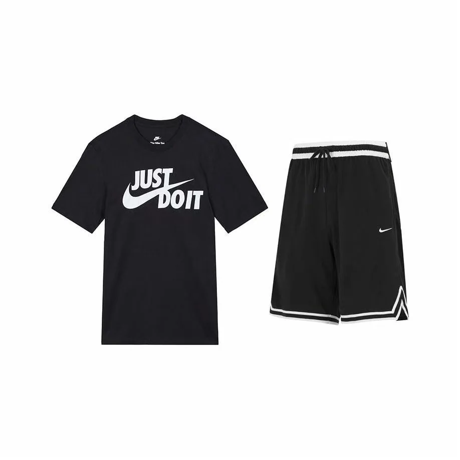 

Футболка Nike с круглым вырезом и принтом букв, короткими рукавами и шорты в стиле ретро с цветными блоками и полосками Cas AR5007-011+DH7161-010, спортивный комплект