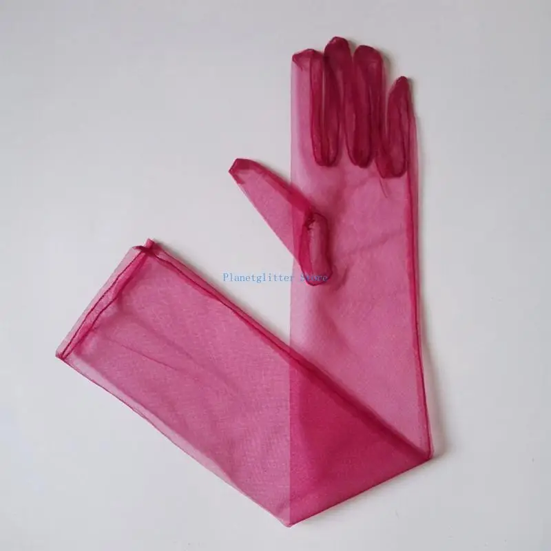 

652B Fashion Long Sheer Tulle Gloves 55cm Full Finger Dress Gloves for Bridal Wedding