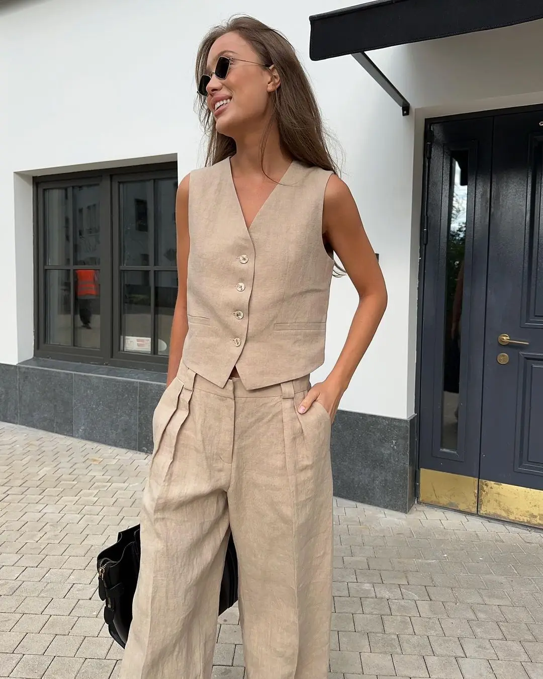 Bronladies Damen Leinen-Baumwoll-Chic-Weste & Hosenanzug Zweiteiliges Set Bürodamen Sommer-Chic 2-Teilige Sets Damen-Outfits – Detail 5