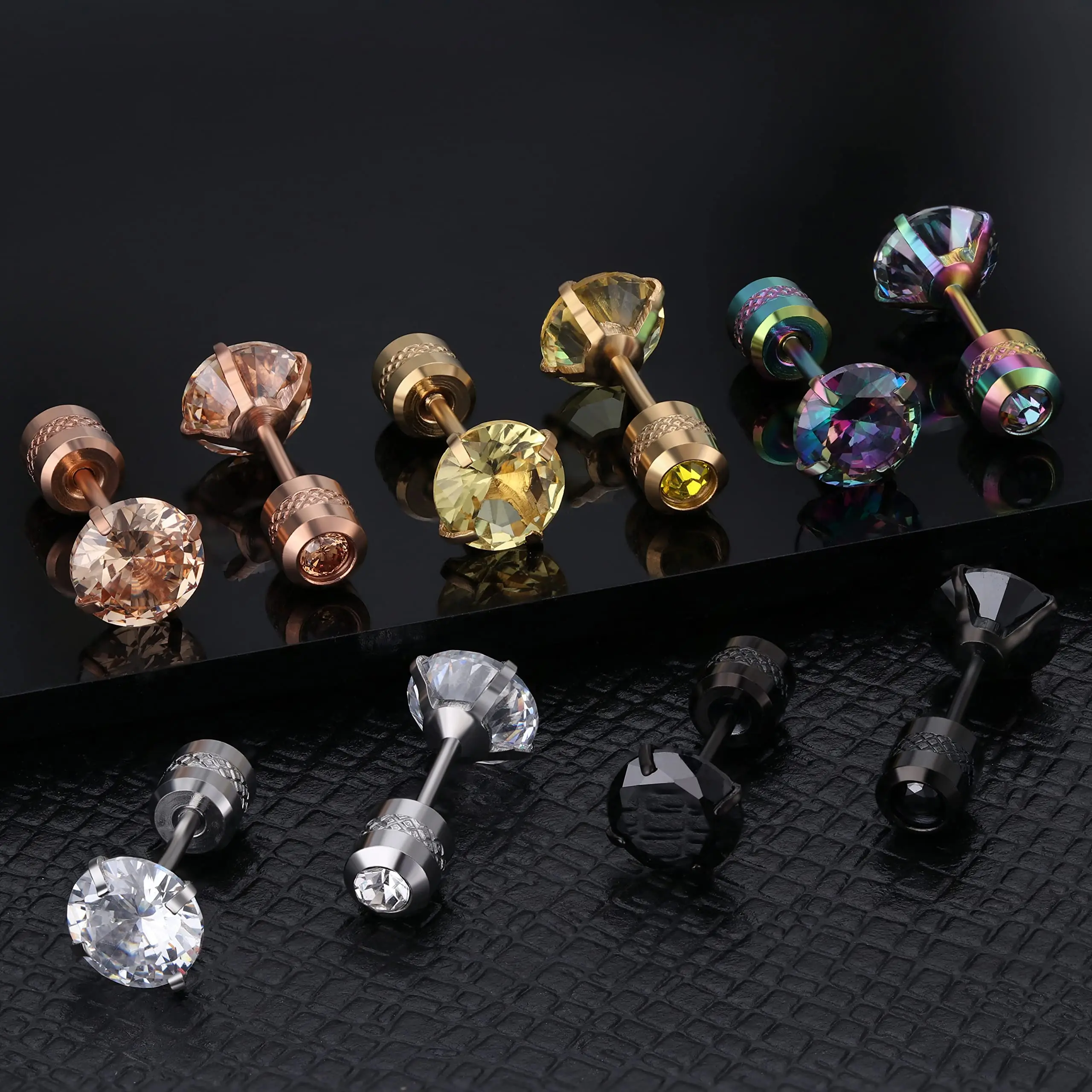 1-5 Pairs of Titanium Surgical Stainless Steel Cubic Zirconia Double-sided Screw Back Stud Earrings Set for Sensitive Ears 4/6mm