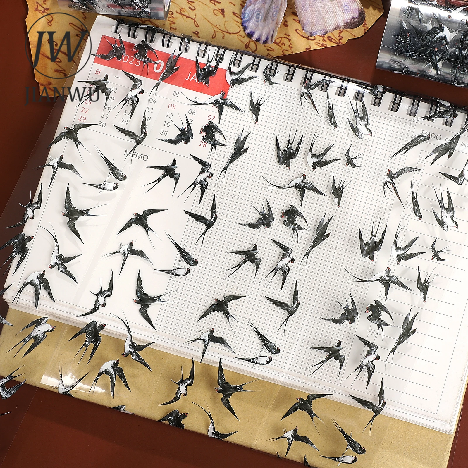 

JIANWU 50mm*5m Vintage Swallow Bird Landscape Material Collage Scrapbook PET Tape Creative DIY Journal Stationery