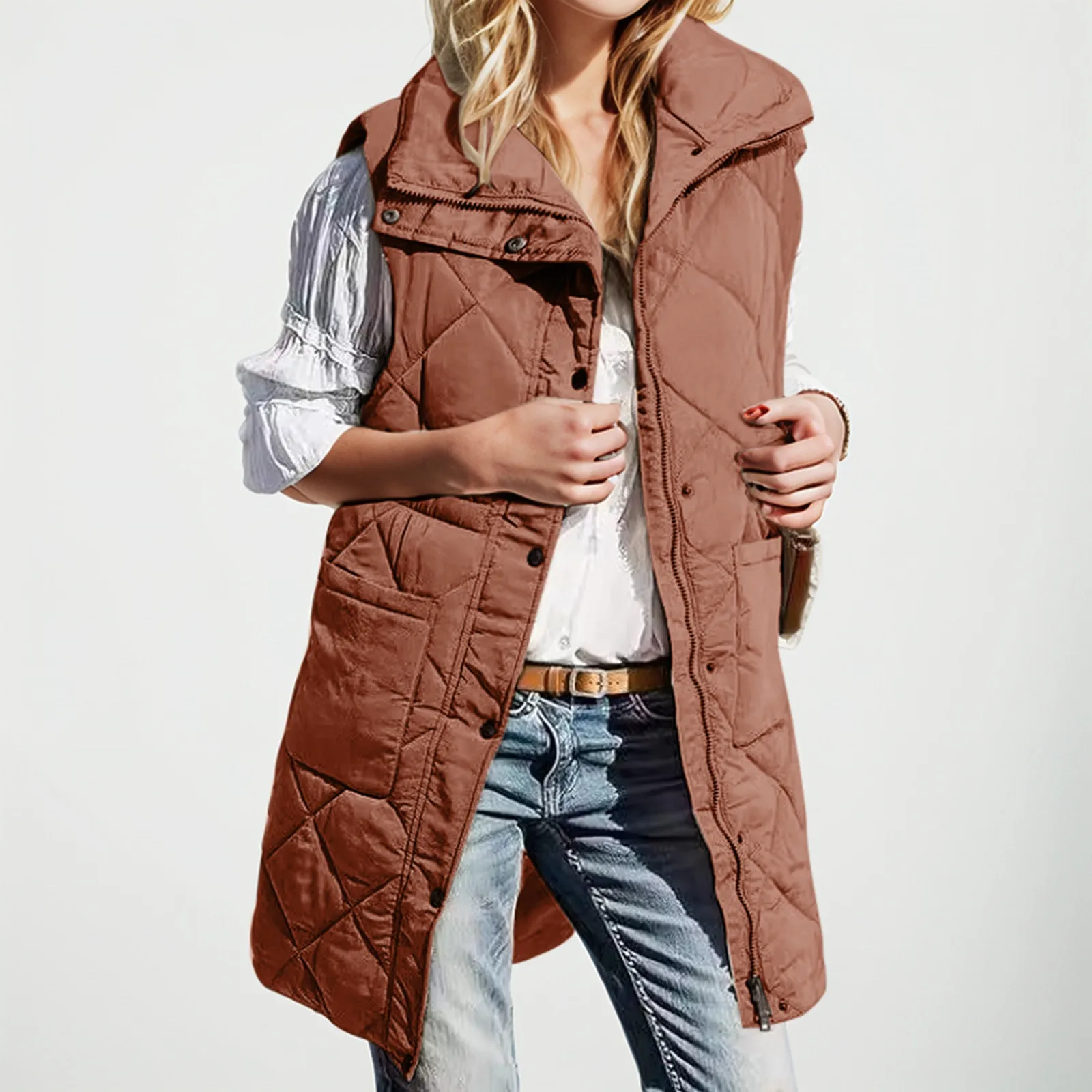 Women's Autumn Winter Vest Solid Color Zipper Lapel Mid Length Vest Slim Fit Elegant Outerwear Top Cotton down Vest For Women