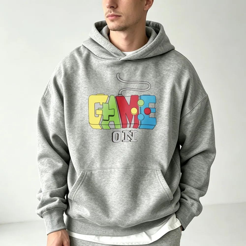 Game On Game Controller Letter Graphic Hoodie Colorful Gaming Print Pullover Long Sleeve Casual Streetwear Hooded Sweatshirt