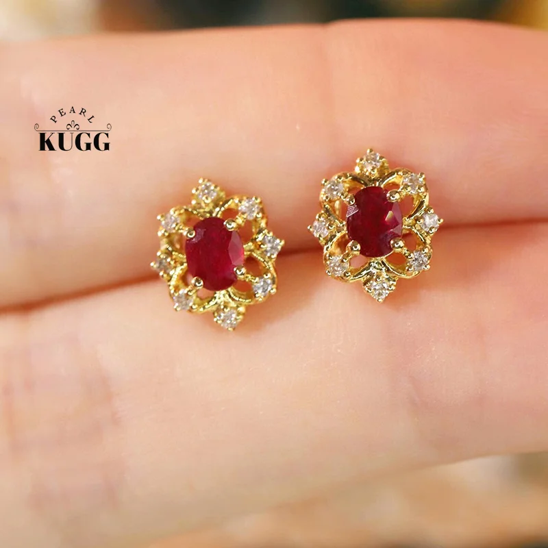 KUGG 100% 18K Yellow Gold Earrings Vintage Palace Style Natural Diamond Natural Ruby Earrings for Women High Wedding Jewelry