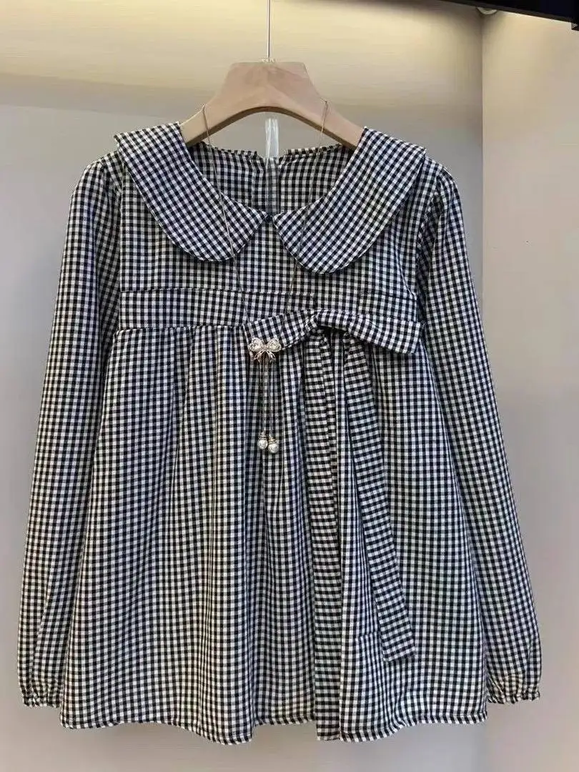 plus Size Shirt Artistic Style Long Sleeve  Knot Plaid Top Slimming High End Brand Casual Wear for Women