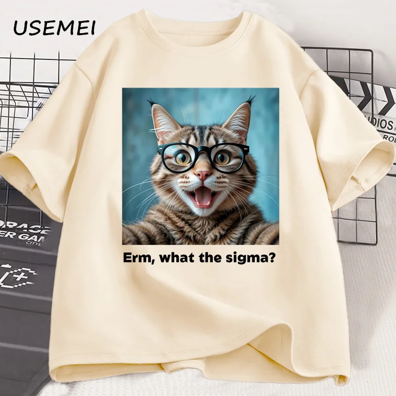 Erm, What The Sigma Cat Tee Funny Cotton Short Sleeve Harajuku T Shirt Cat Lover Printed Tshirt Mens Clothing Oversized Tops