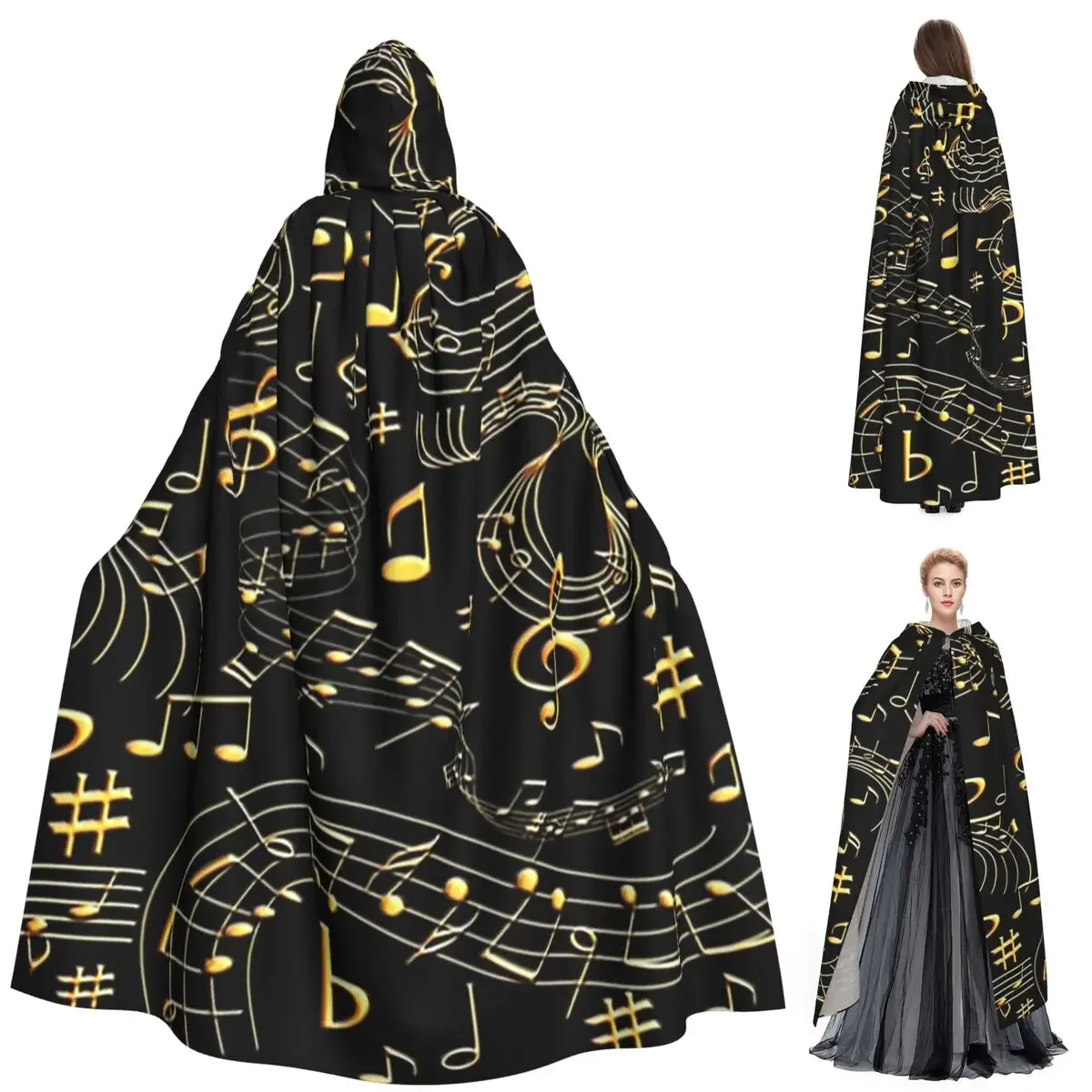 

Music, Musical Notes, Gold Embossed Long Hooded Cloak Witch Medieval Costume Cosplay Cape HalloweenCoat Adult Unisex