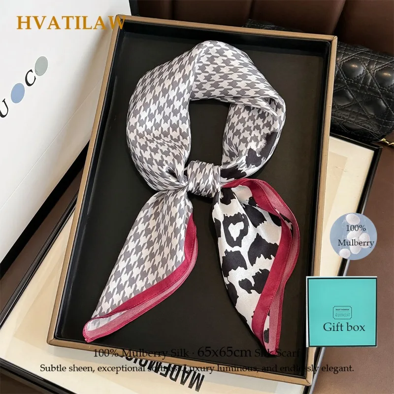 

100% Real Silk Scarf Bandana Women Square Scarves Wrap Houndstooth High-end Headband Hijab Shawl Foulard Headkerchief Gift Box