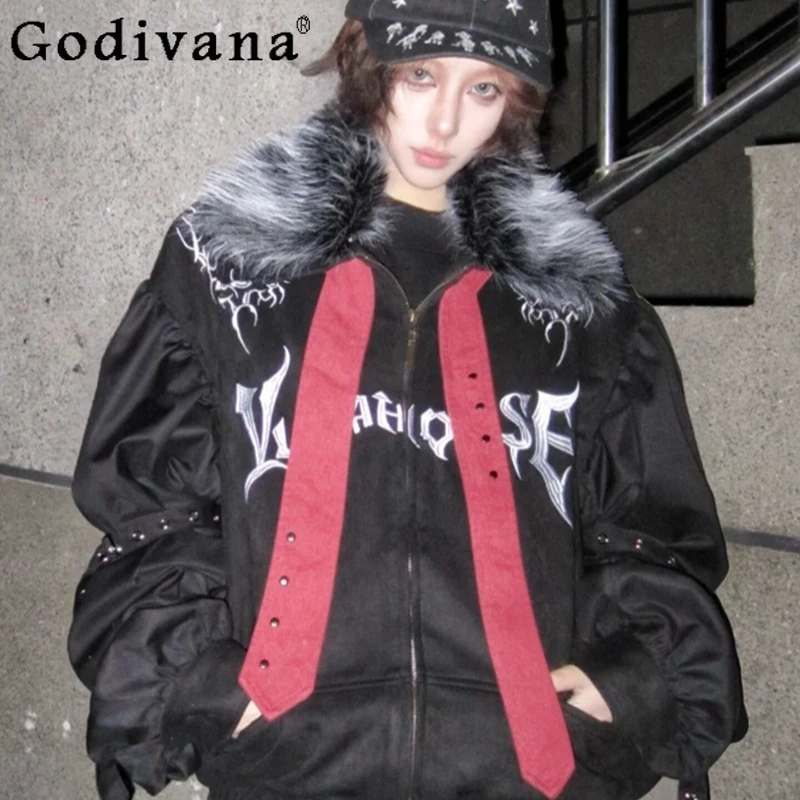 

Y2K Subculture Fur Collar Cotton Jacket for Women Winter New Baseball Jacket Female Embroidered Tie Thickened Padded Coat