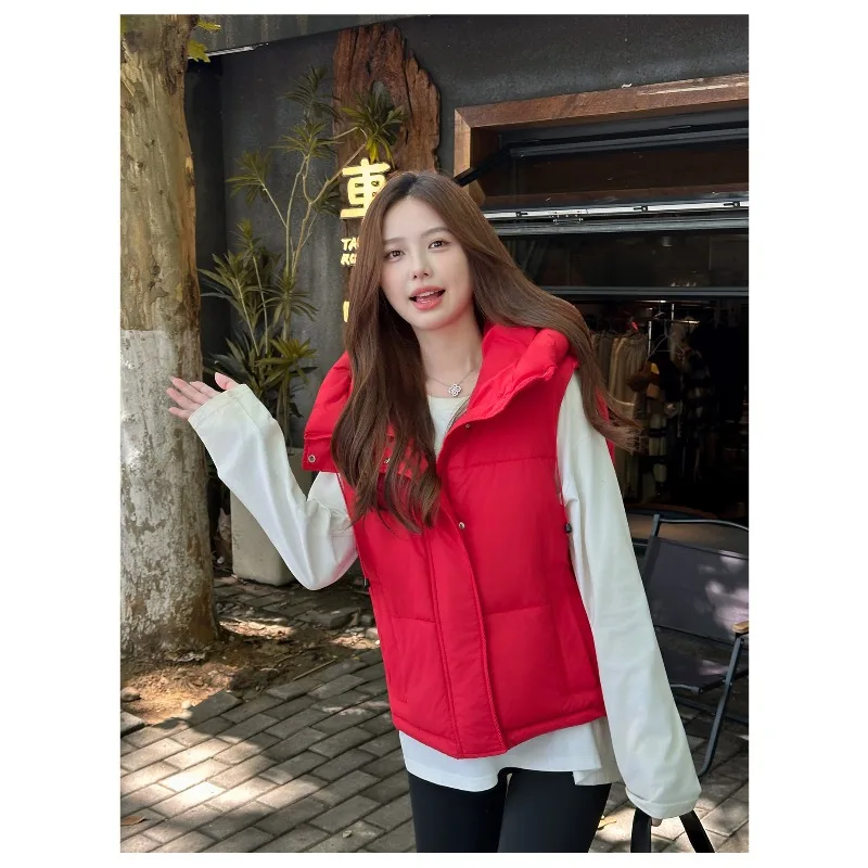 Hooded Puffer Gilet Detachable Hood Side Patch Pockets Snap Fastener Windproof Warm Filling Loose Cropped Cut Winter Outerwear 6