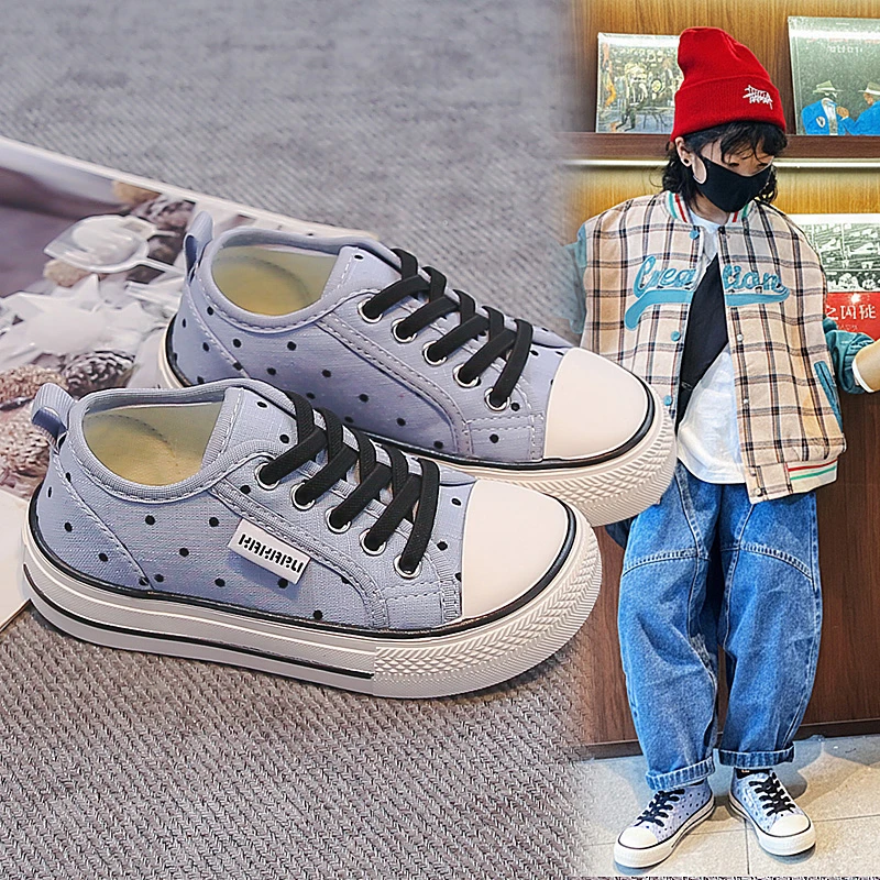 Kids Light Blue Polka Dot Canvas Sneakers Black Lace Up White Toe Cap Thick Non Slip Rubber Sole Boys Girls Daily Casual Walking