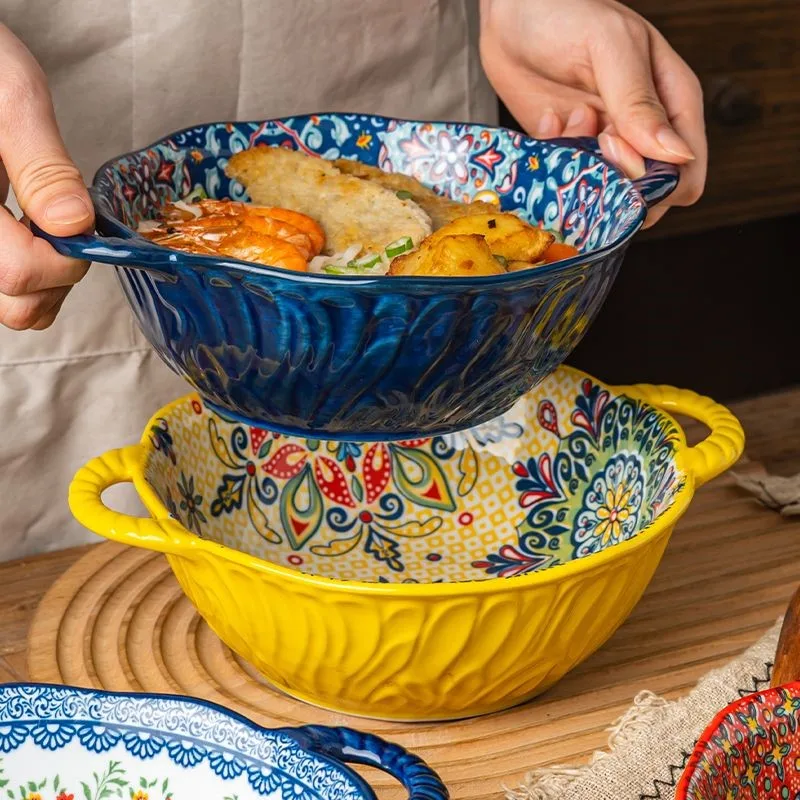 Bohemian Style Double Ear Soup Bowl Household Ceramics Fruit Salad Bowl Instant Noodles Bowl Luosifen Large Bowl Soup Bowl ZF695