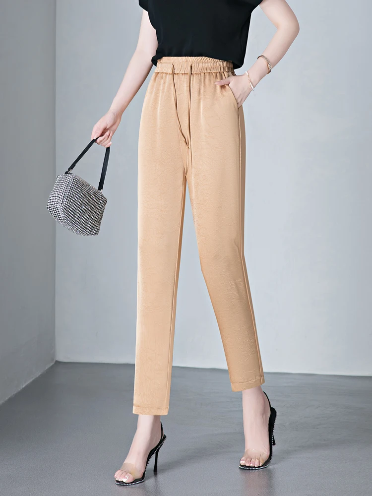 Ice Silk Harem Pants Women's Summer New High Waist Draped Casual Thin Small Nine Points Rutabaga Pants Loose Fit Casual Style