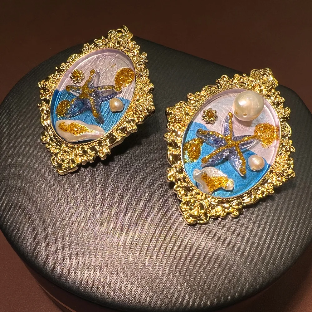 Medieval oil painting series marine enamel color stud earrings vintage niche design sense plated real gold S925 advanced sense
