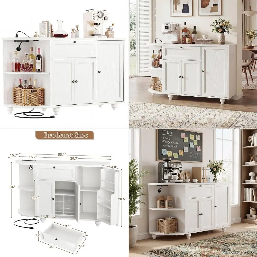 

55 Coffee Bar with Power Outlet, Wine Bar Cabinet with Wine Rack, Home Coffee Bar Cabinet, Buffet Sideboard with Storage Shelf