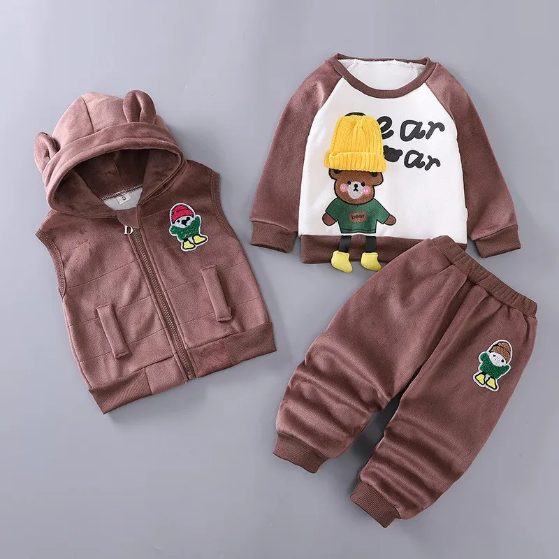 2026 Autumn Winter Baby Boys Clothing Set Cartoon Bear Thicken Hooded Vest+Jacket+Pants 3Pcs Suit Kids Warm Outfits 1 2 3 4 Year