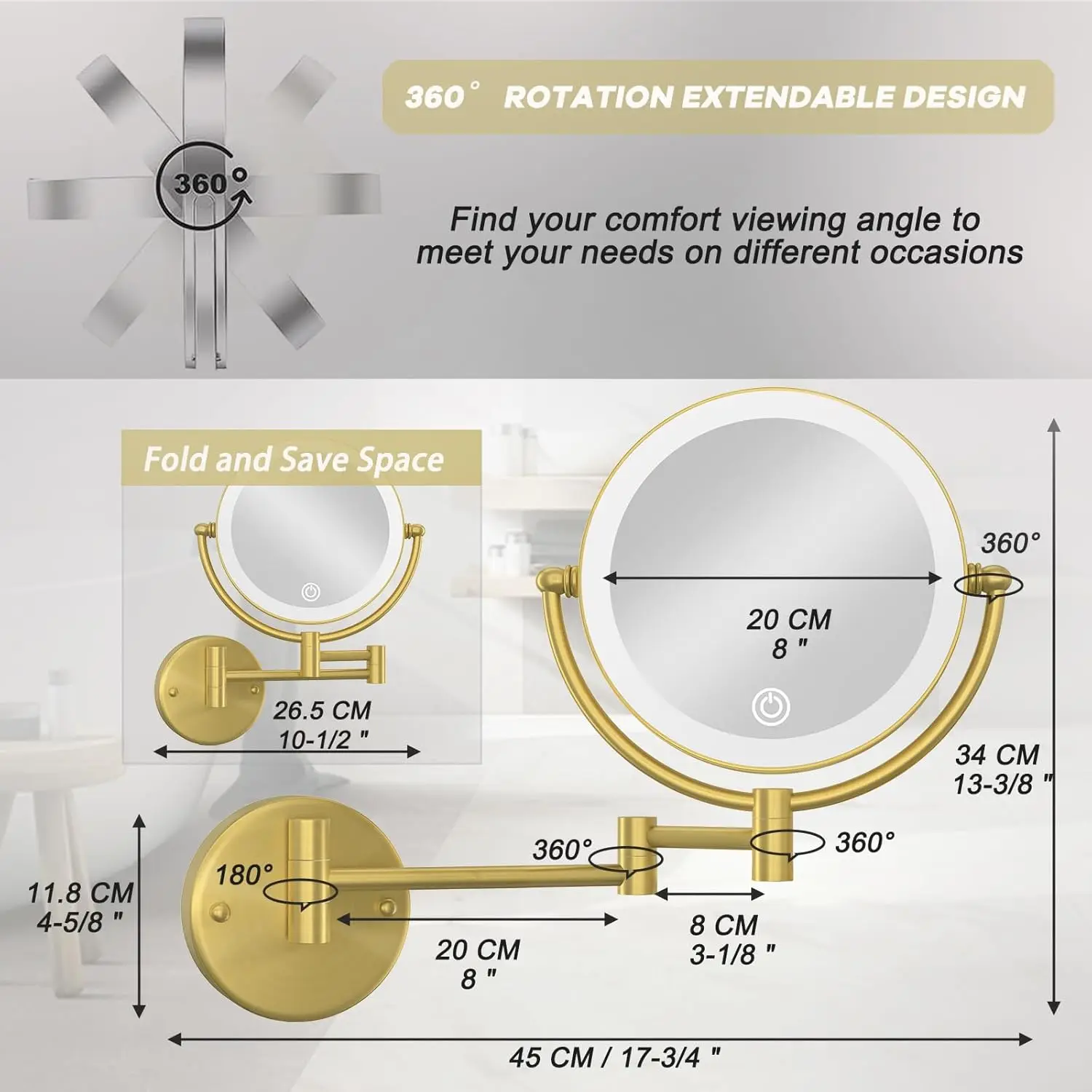 نحى الذهب Led مرايا الحمام جودة النحاس 10X مكبرة مرآة لوضع مساحيق التجميل المزدوج الذراع تمديد الذهب Led مرايا الحمام القابلة للطي #5