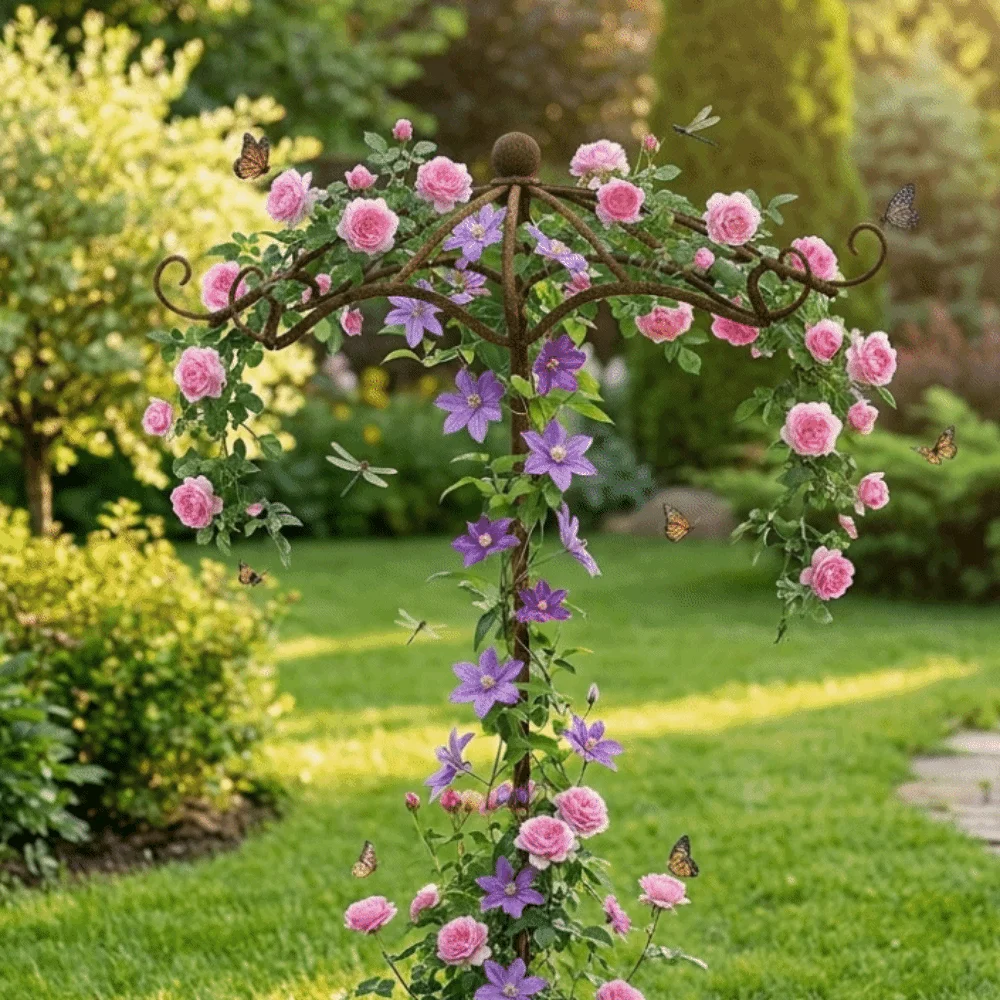Retro Rusted Umbrella Shape Plant Support Pile Prevent Tipping Over Weather-Resistant Bonsai Fixing Rod Detachable Iron