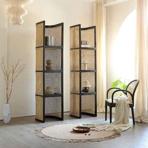 Rattan Storage Rack  Small Apartment Multi-Layer Floor Bookshelf Bed & Breakfast Corner Cabinet Solid Wood Display Stand