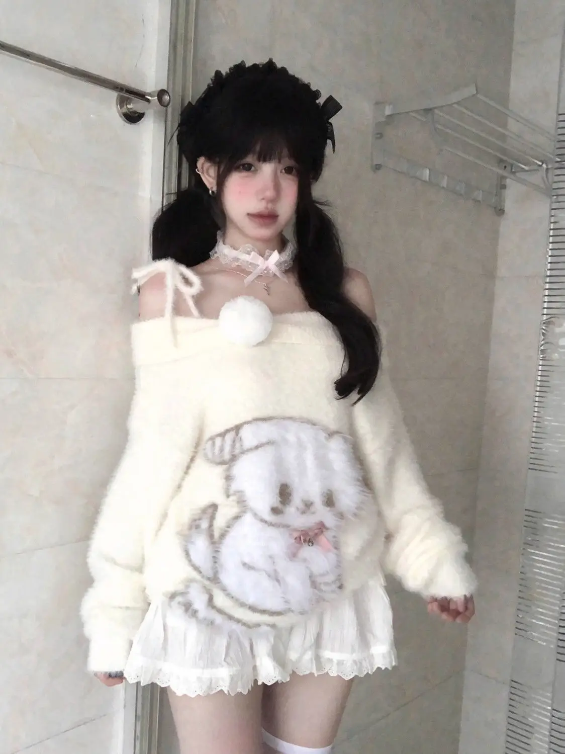 

Autumn Sweet Style Korean Sweaters Slash Neck Long Sleeve Pullovers Puppy Print Cute Jumper Y2K Casual Outerwear Girl Clothing