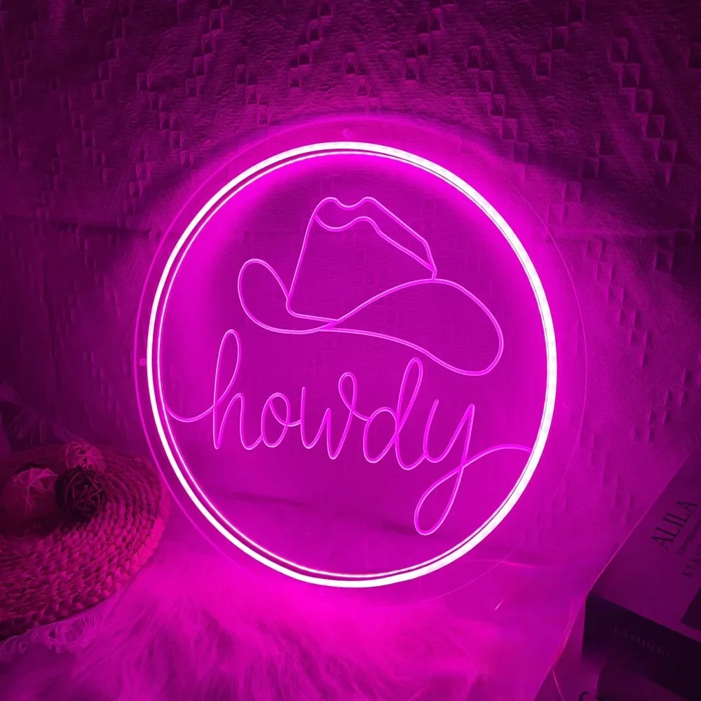 Howdy Cowboy Hat Neon Sign Engrave Neon Lights For Room Decors Aesthetic Wall Panels Luminous Light Decoration Support Custom