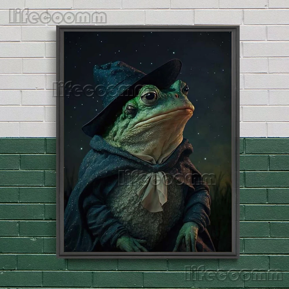 Fantasy Unicorn And Spellcaster Frog Wall Art Print Fox Witchy,Cat Witch,Antique Bat,Black Raven Magic Animal Art Poster Print