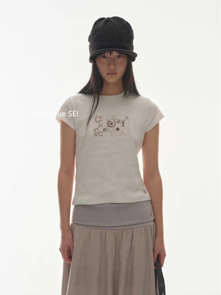 

Korean Streetwear Vintage Waffle Print Round Neck Short Sleeved T-shirt for Women Summer Slim Fit Spicy Girl Aesthetic Y2k Top