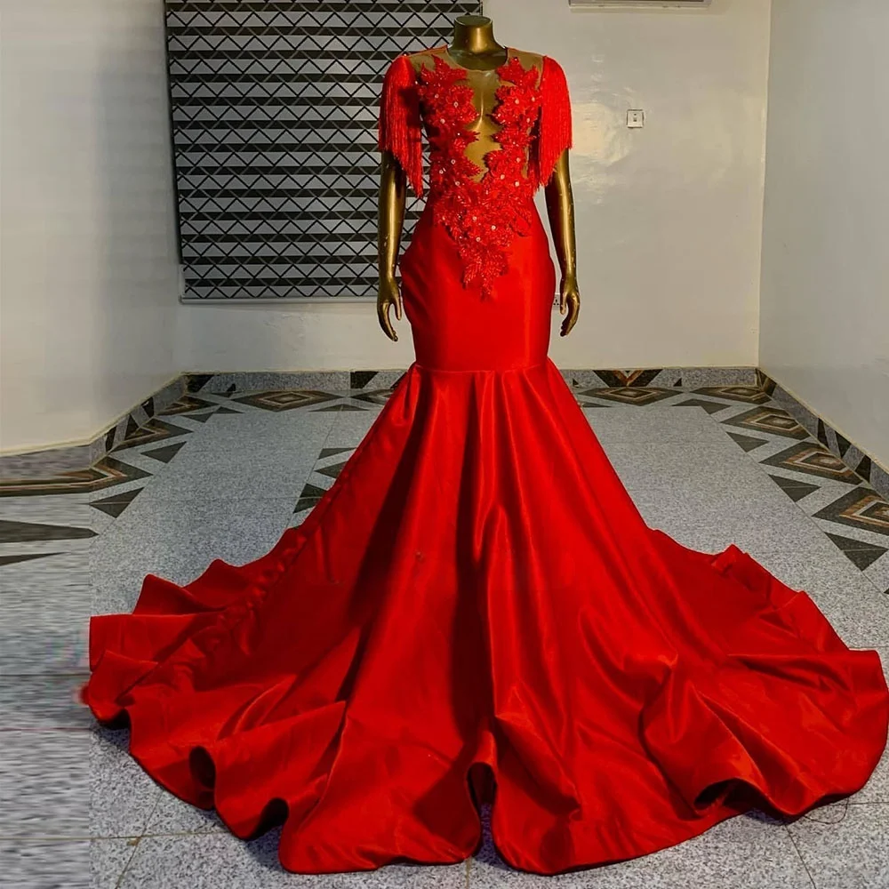 Red Prom Dress For Black Girls 2025 Beading Tassel Mermaid Party Gowns Africam Women Gala Outfit Vestidos De Festa