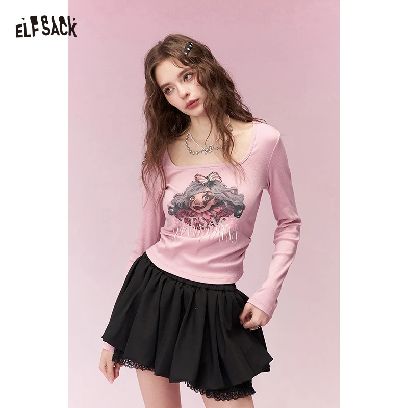 

ELFSACK Cool Clown Girl Print Square Neck Shirred Long Sleeve T-shirt For Women