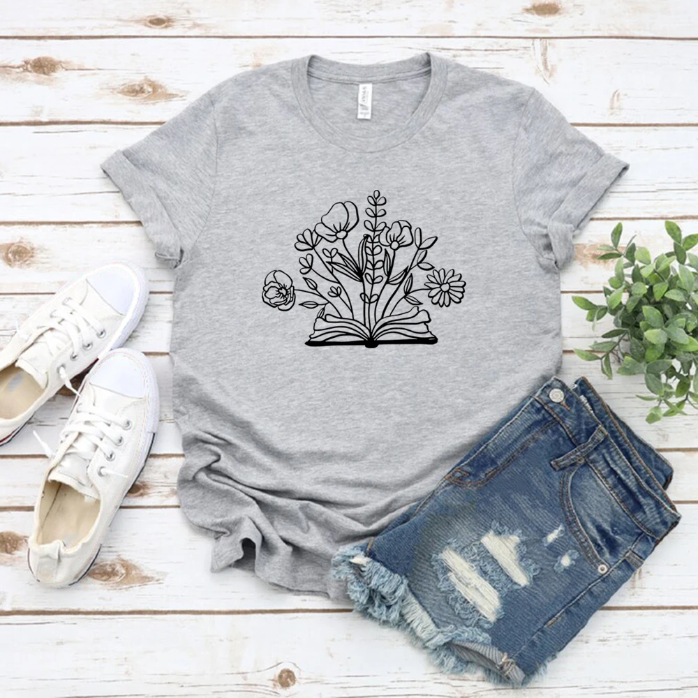 T-shirt manches courtes pour amoureux de livres floraux, décontracté, cadeau pour enseignant, pour femmes