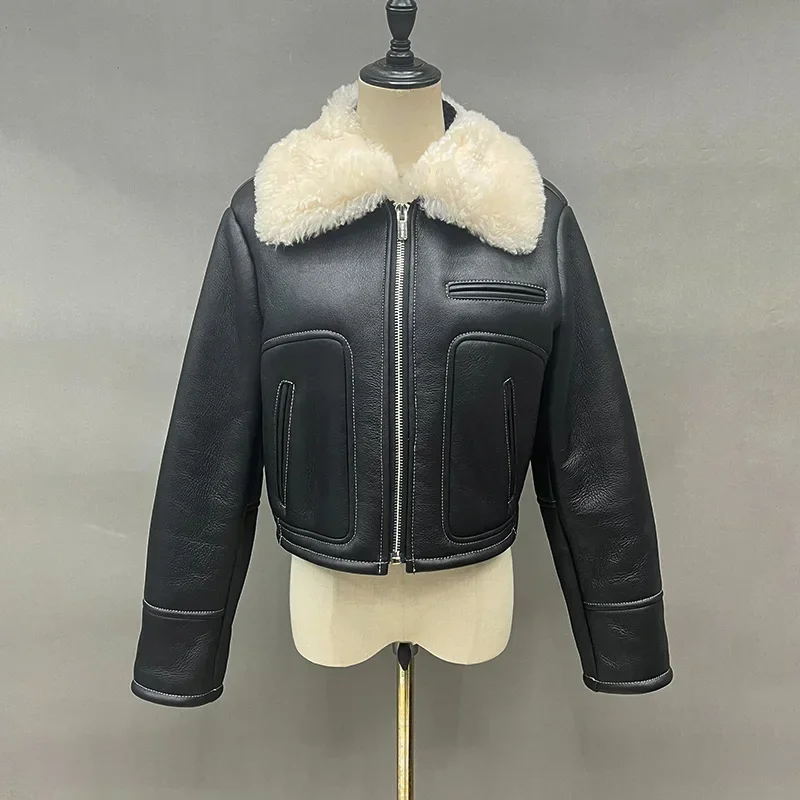 Casacos de couro shearling para mulheres, lã real, pele de cordeiro, pele de carneiro, jaqueta moto, senhora, inverno, 2023