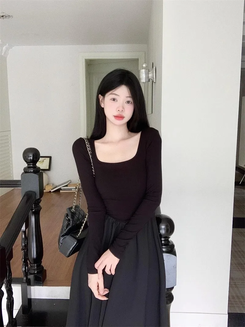 긴 소매 여성용 드레스 가을 봄 실크 시스루 투명 비대칭 크롭 웨이스트 타이트