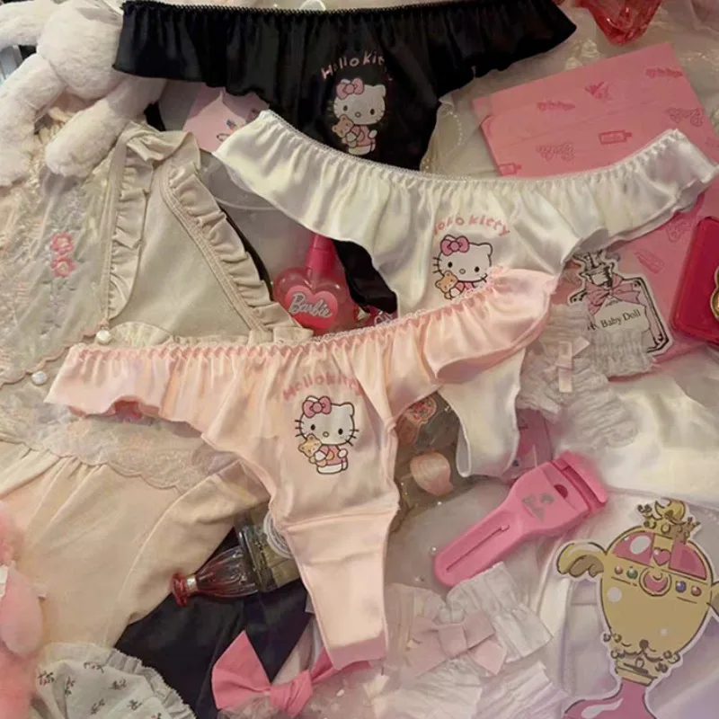 Sanrio celana dalam Satin kartun Hello Kitty perempuan populer celana dalam KT seksi t-pants lucu katun selangkangan terbuka hadiah celana Dalam mulus