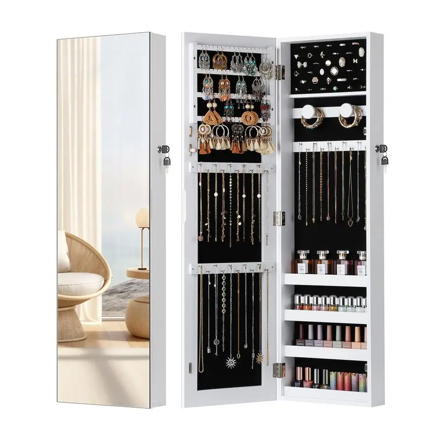 

Mirror Jewelry Cabinet, Jewelry Armoire with Full Length Mirror,Mirror with Jewelry Storage Wall Door Mounted, Lockable Jewelry