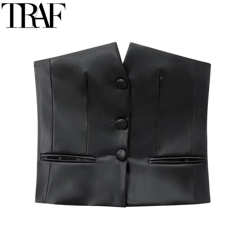 TRAF Strapless Faux Leather Top Corset Black Crop Top Women Autumn Backless Tube Tops Sleeveless Asymmetrical Sexy Top Daring