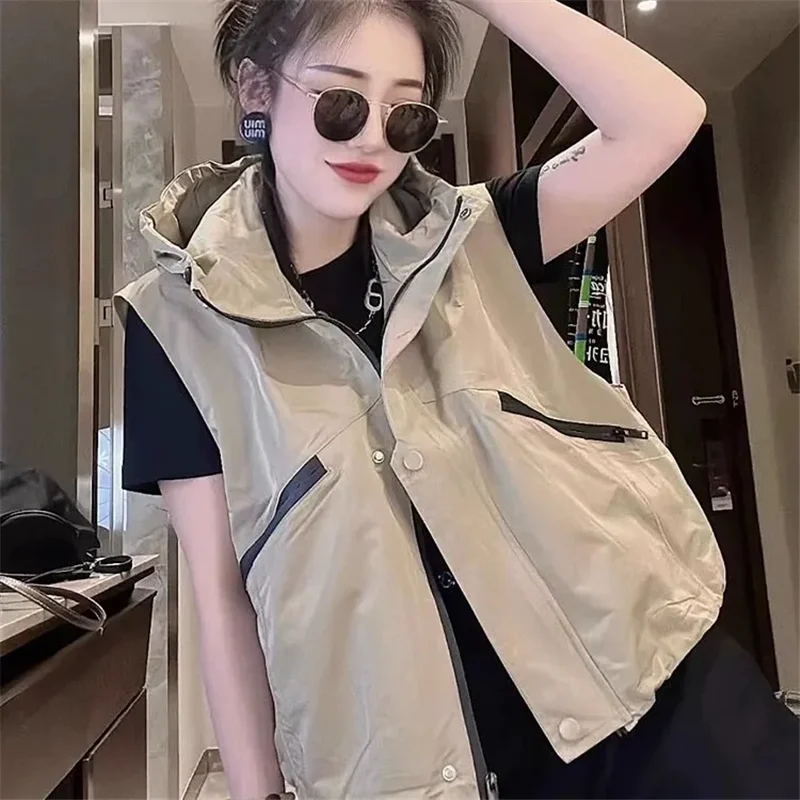 Spring Autumn Hooded Waistcoat Women 2024 New Fashion Loose Casual Workwear Tops Pure Colour Zipper Pocket Outerwear Female