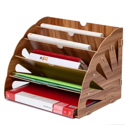 Fan Shaped Desk File Organizer Wood Multi-layer Standing Test Paper Tray Desktop Storage A4 Documents File Rack Holder