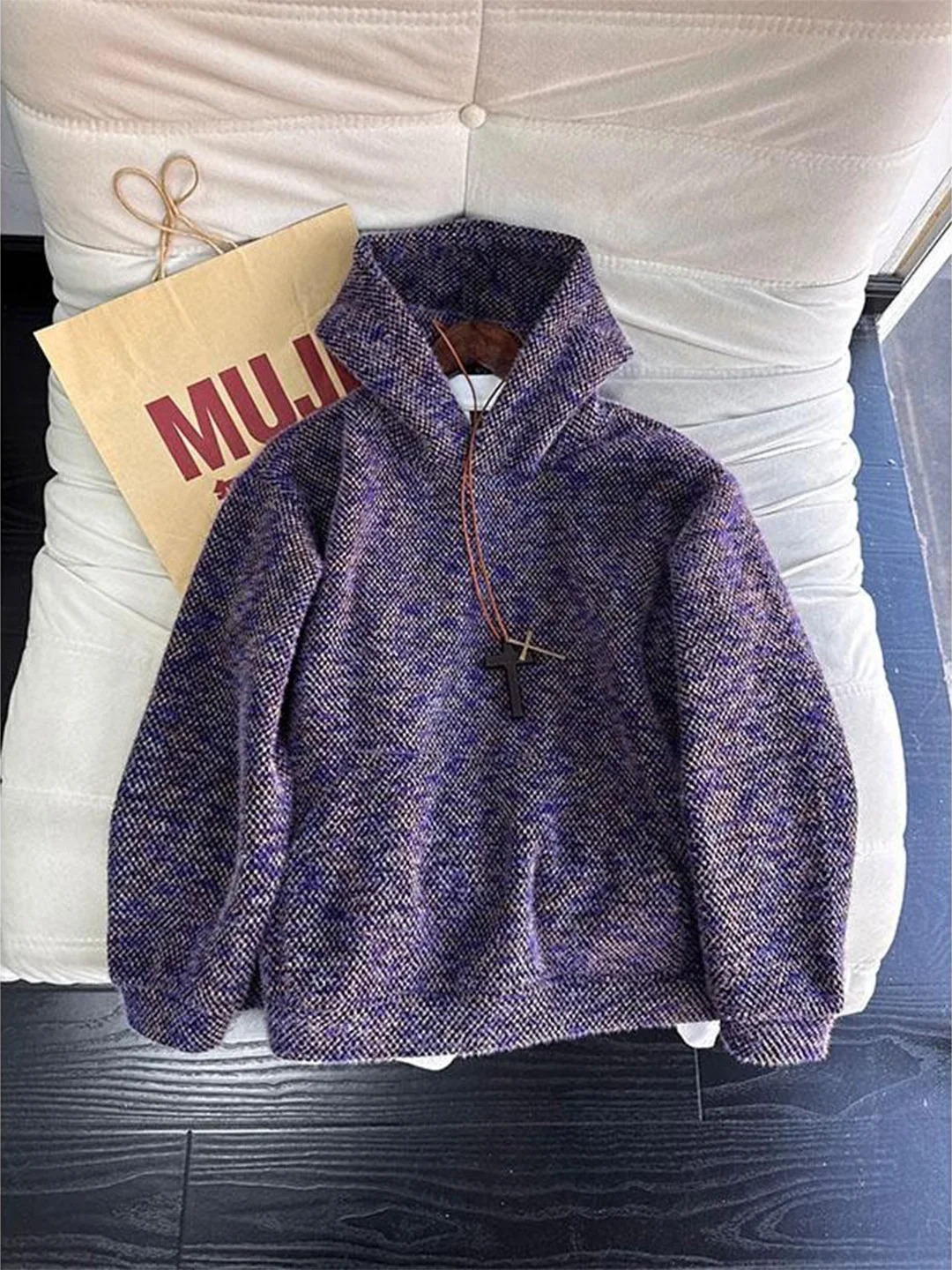 

Monet Purple Knitted Hoodie Men's High-End Fce-Lined Thiened Overhead Winter Jaet Trendy Casual Loose Fit Polyester