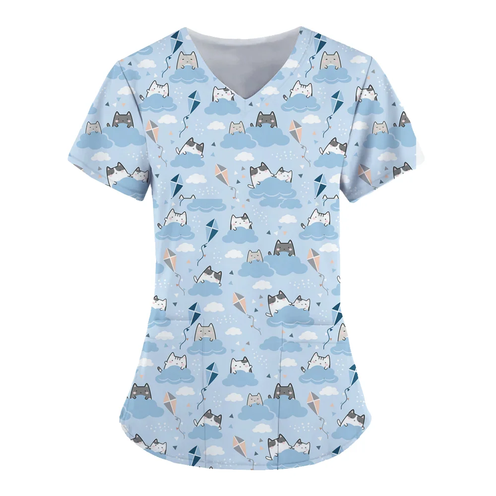 

Women's T-shirts V-Neck Working Uniform for Women Cute dinosaur 3D Print Tops Cute Animal Nurse Uniform Blouse Pocket Workwear