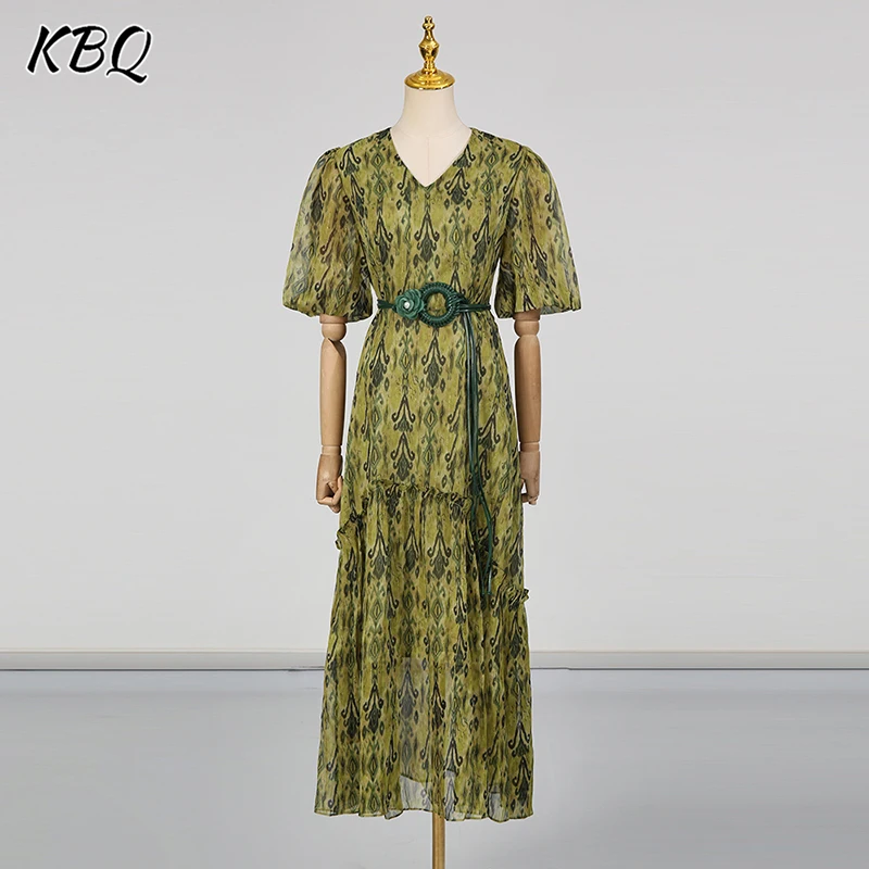 

KBQ VintageTemperament Tunic A Line Dress for Women V Neck Half Sleeve High Waist Patchwork Lace Up Printing Dresses Female New