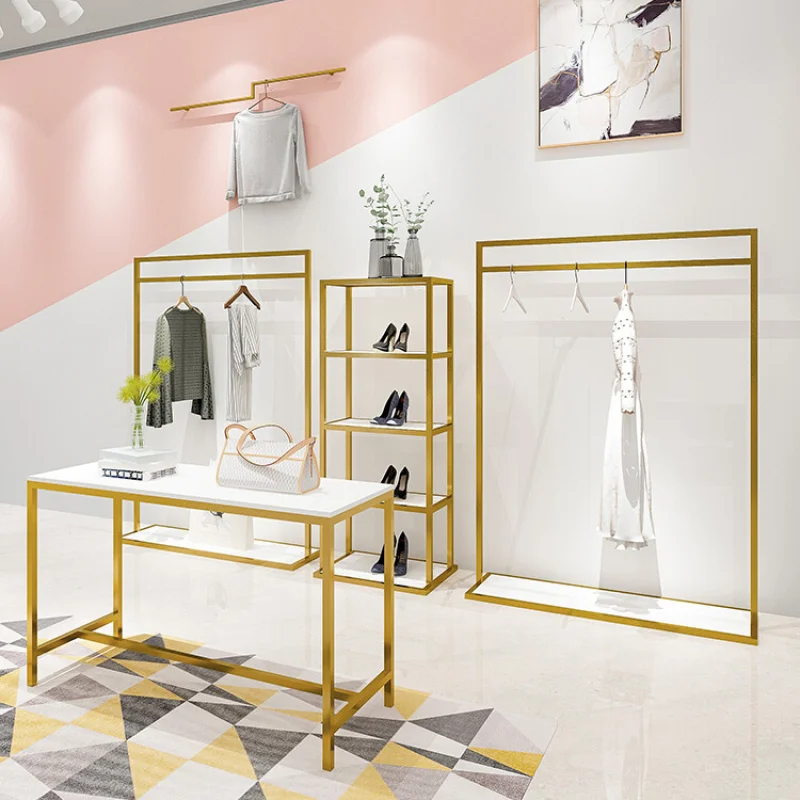 custom.High End Clothes Shop Metal Garment Display Stand Clothing Racks Clothes Stands Luxury Shoe Racks For Clothes Store