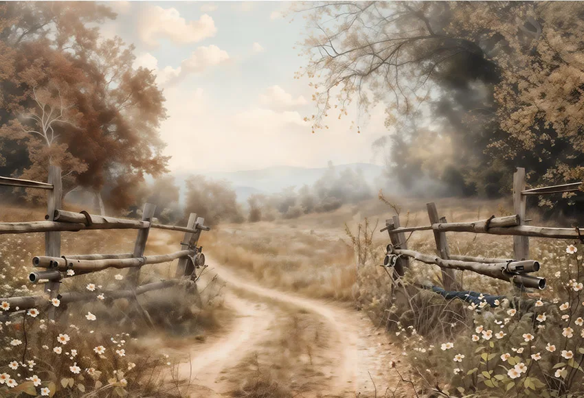 Mehofond-Fondo de fotografía para niños, pintura al óleo de primavera, pueblo, camino, fiesta de cumpleaños, flor, hierba, árbol, decoración de fondo, zona de fotos