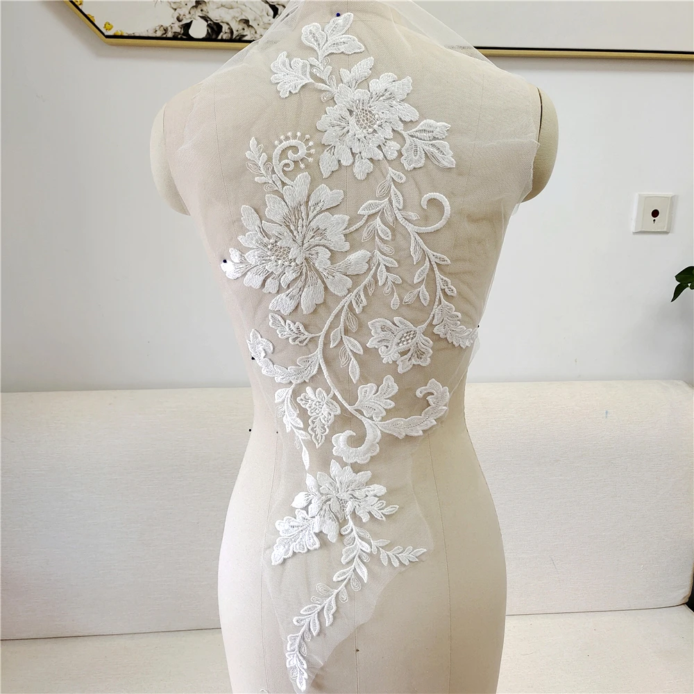 30x65CM Off White Cotton Material Sequins Embroidery Lace Patch DIY Sewing on Lace Motif 2023 NEW