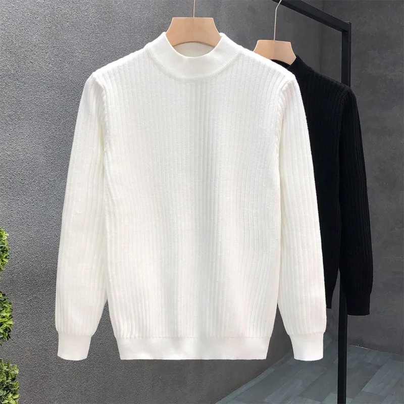 Autumn Winter Men\'s Clothing Solid Color Pullover Lantern Long Sleeve Half High Collar Casual Fashion Sweater Knitted Tops