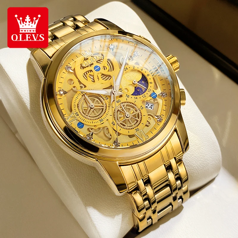 

OLEVS Top Brand Men's Watches 24 Hour Day Night Luxury Original Quartz Watch for Man Moon Phase Waterproof Gold Skeleton Style