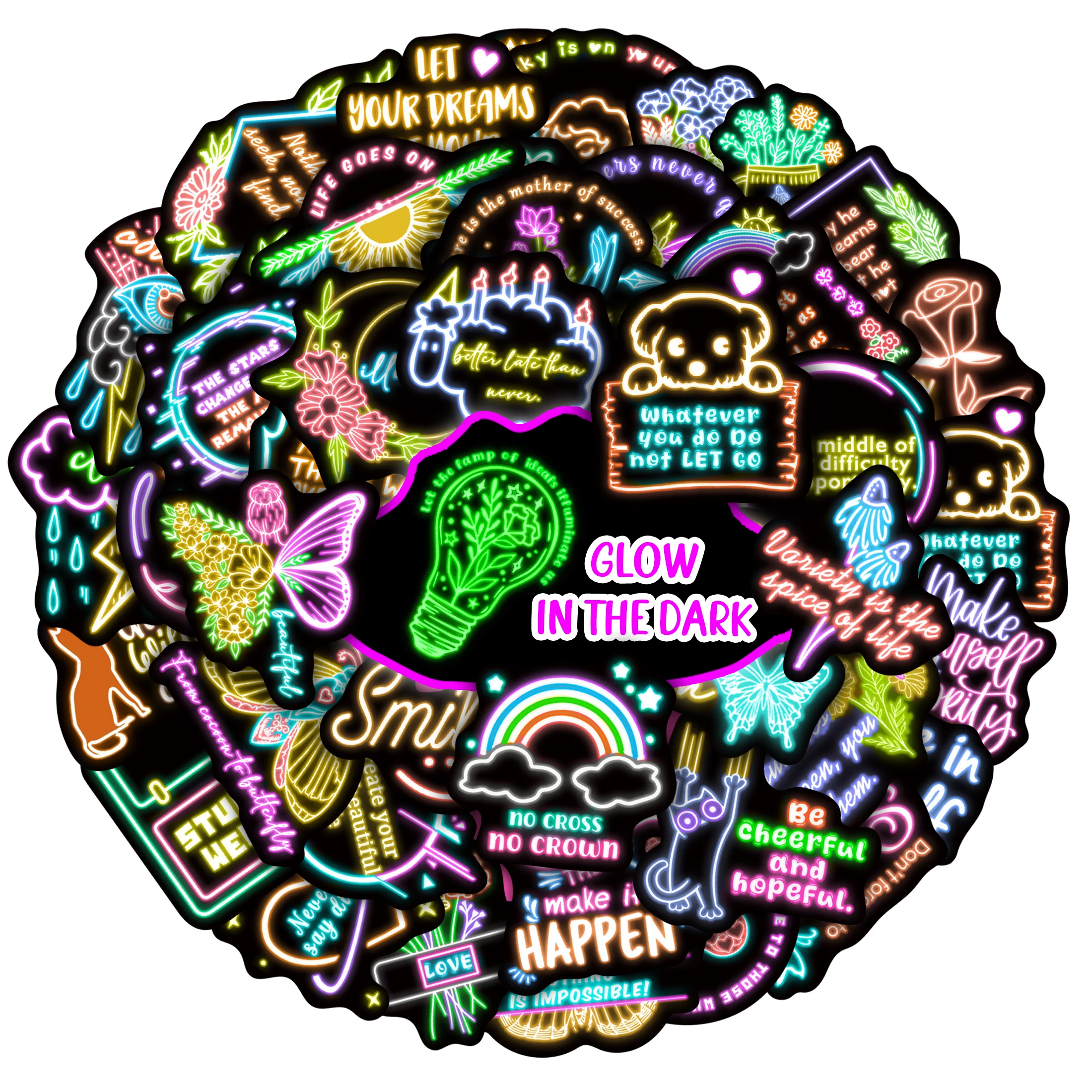 51 قطعة عبارة النيون توهج في الظلام ملصقات مقاوم للماء شارات الفينيل زجاجة ماء كتاب الهاتف الديكور للأطفال المراهقين DIY بها بنفسك الهدايا