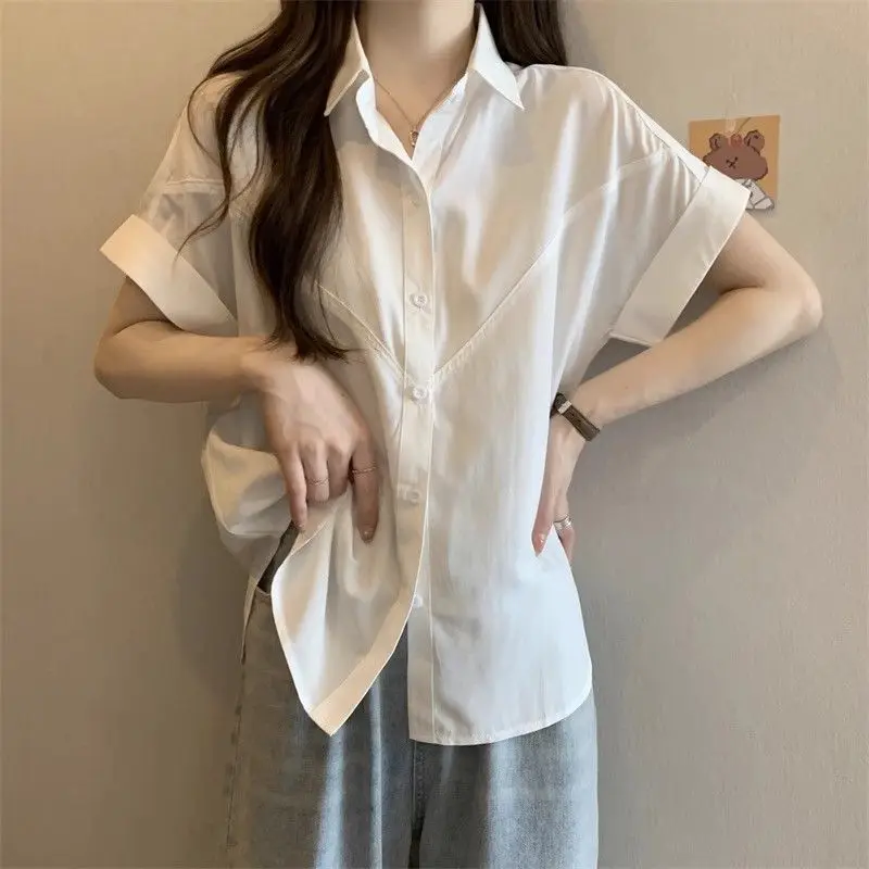 Shirts met korte mouwen Dames Jacquard Patchwork Pintucked Geplooide Top Kantoor Minimalistisch Modern Elegant OL Lady Professional Urban