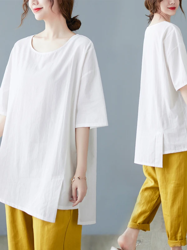 تي شيرت صيفي كبير الحجم فعال للتخسيس للنساء من القطن والكتان غير متماثل يغطي البطن تي شيرت بنمط رحلة فنية